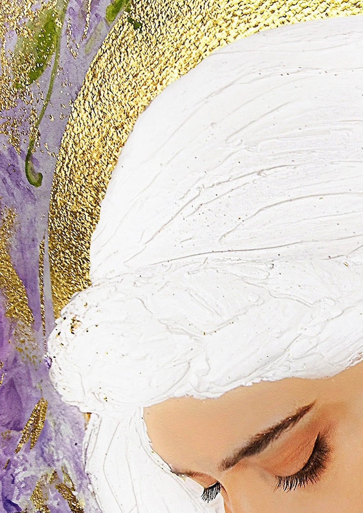 Close-up of a Hue the Artist mixed media art print showing a woman looking down with white hair, against a gold foil and purple watercolour background.