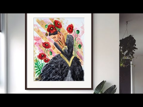 Hue the Artist process video of Gilded art print in the making.  A Vietnamese artist using mixed media to create a portrait of a sad woman wearing black dress with red poppies.