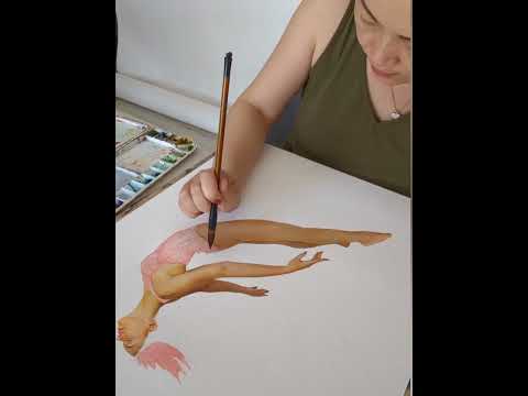 Hue the Artist's process video of Scarlet Rebirth artwork being created. Features woman in red  soaring high from red and gold flames.